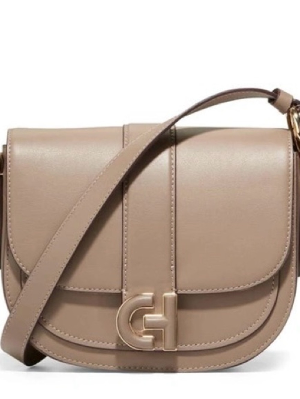 Used Cole Haan Taupe Crossbody Saddle Bag with Gold Hardware,have scratches